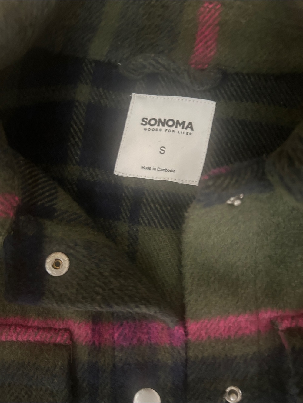 Sonoma Olive Plaid Shirt Jacket with Pink Stripes - Picture 4 of 7